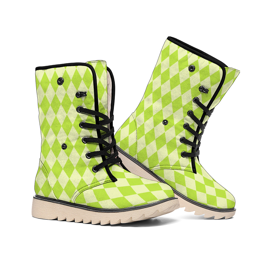 Green Harlequin Pattern Print Winter Boots