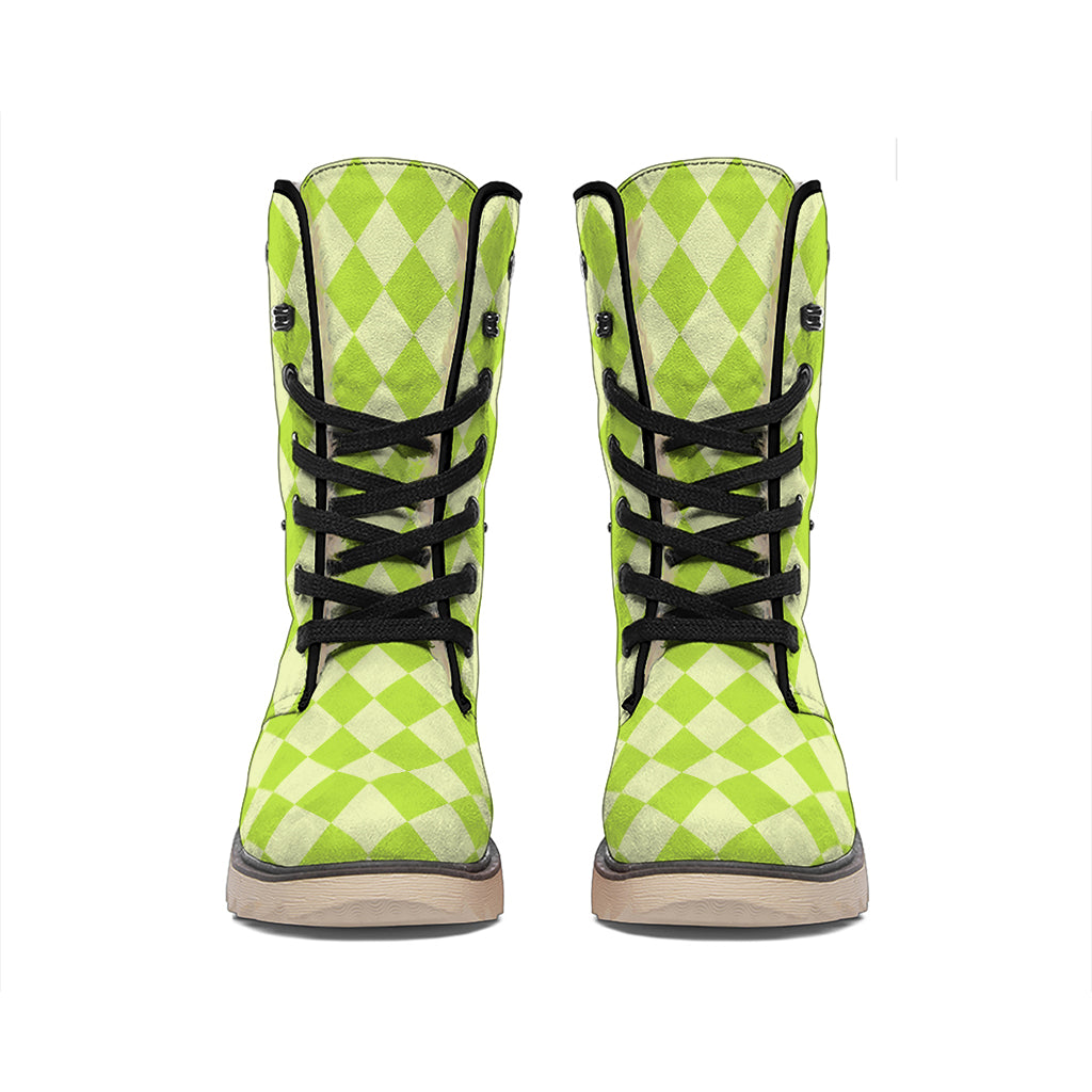 Green Harlequin Pattern Print Winter Boots