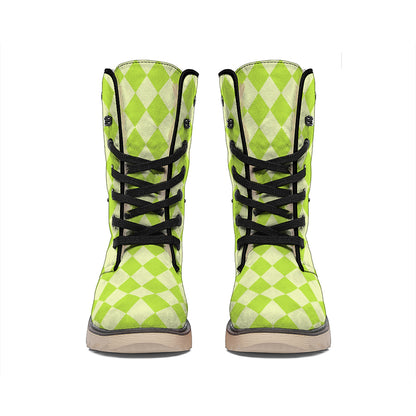 Green Harlequin Pattern Print Winter Boots
