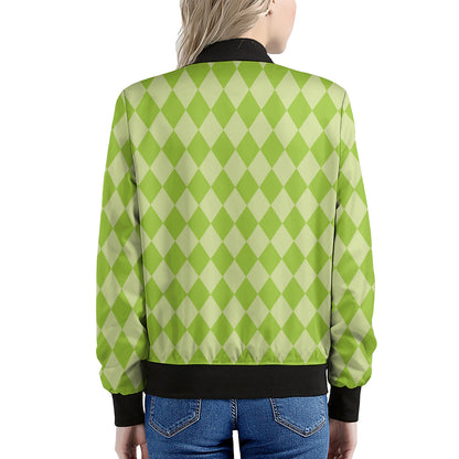 Green Harlequin Pattern Print Women's Bomber Jacket