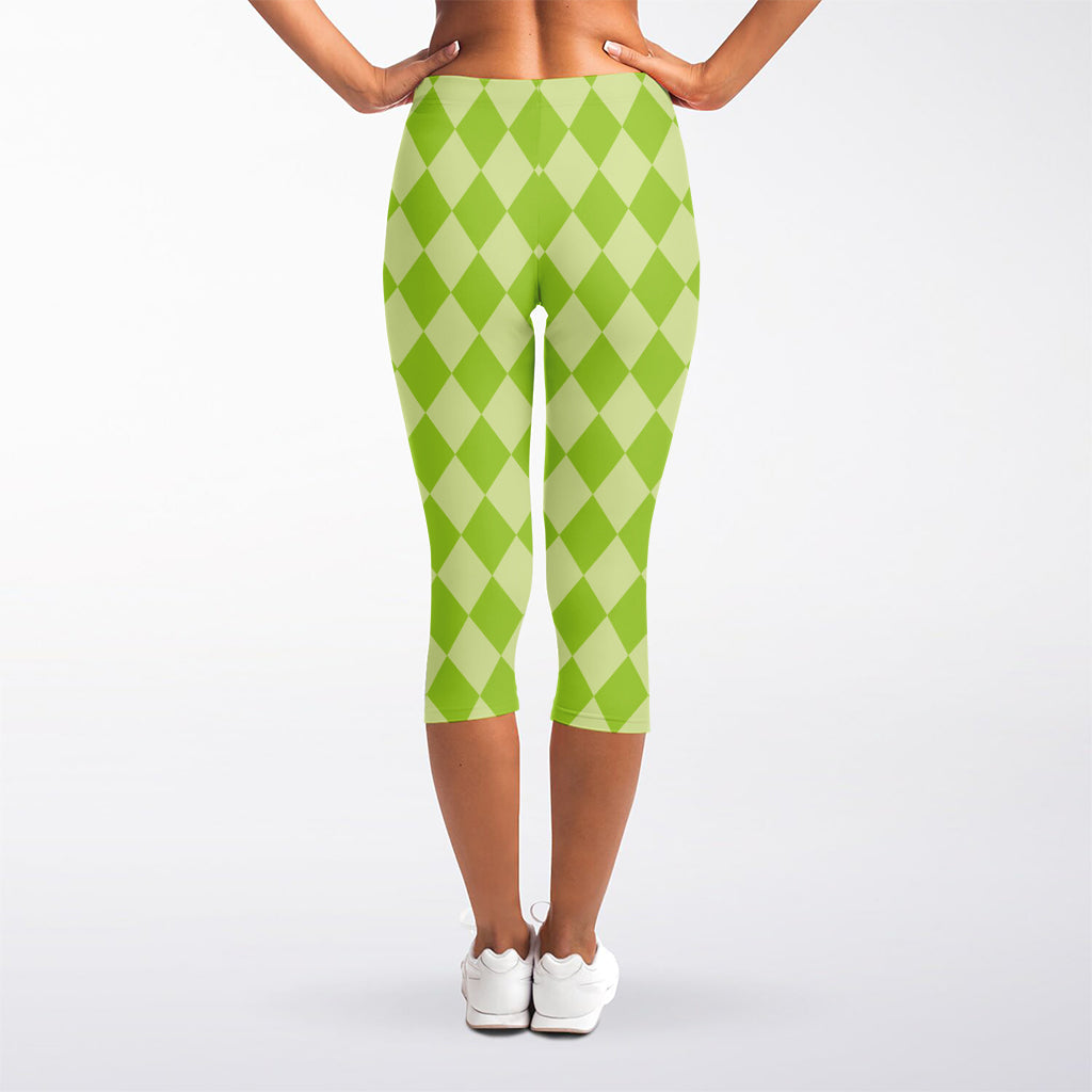Green Harlequin Pattern Print Women's Capri Leggings