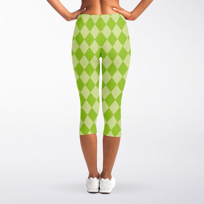 Green Harlequin Pattern Print Women's Capri Leggings