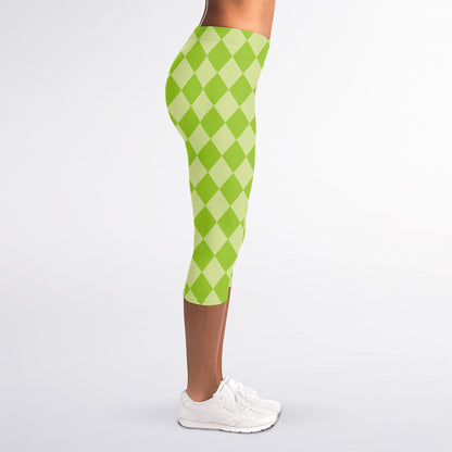 Green Harlequin Pattern Print Women's Capri Leggings