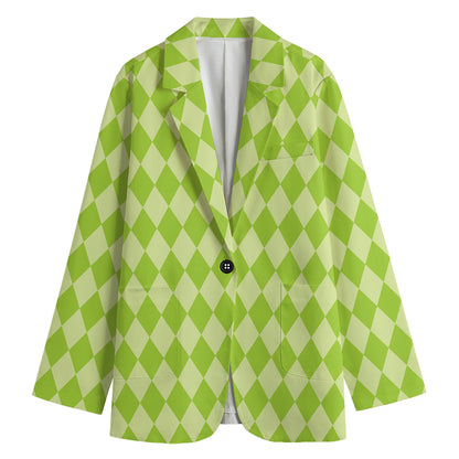 Green Harlequin Pattern Print Women's Cotton Blazer