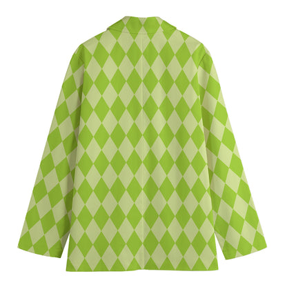 Green Harlequin Pattern Print Women's Cotton Blazer
