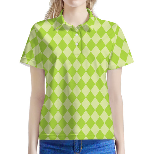 Green Harlequin Pattern Print Women's Polo Shirt