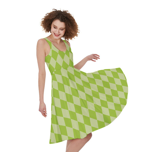 Green Harlequin Pattern Print Women's Sleeveless Dress