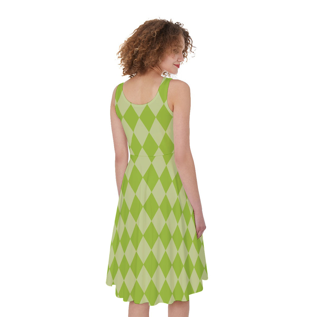 Green Harlequin Pattern Print Women's Sleeveless Dress