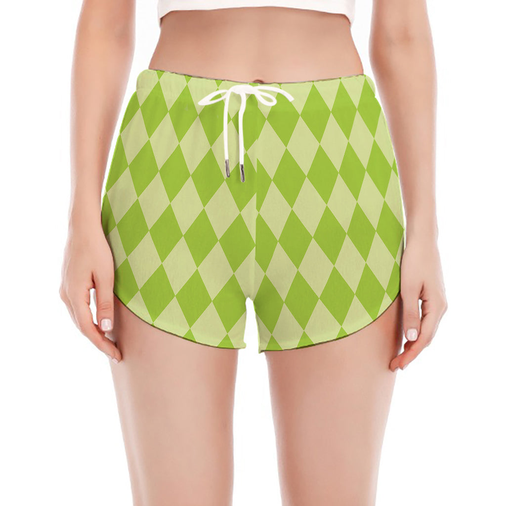 Green Harlequin Pattern Print Women's Split Running Shorts