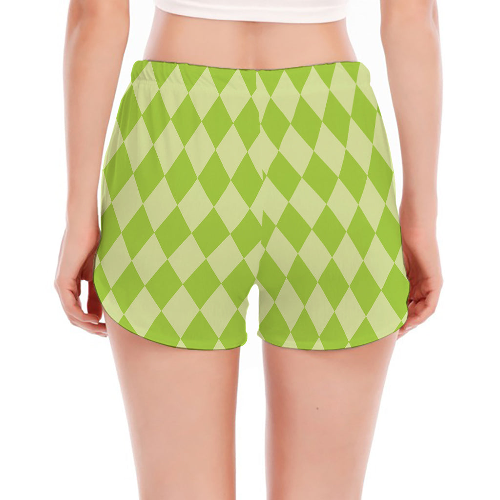 Green Harlequin Pattern Print Women's Split Running Shorts