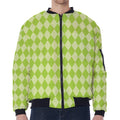 Green Harlequin Pattern Print Zip Sleeve Bomber Jacket