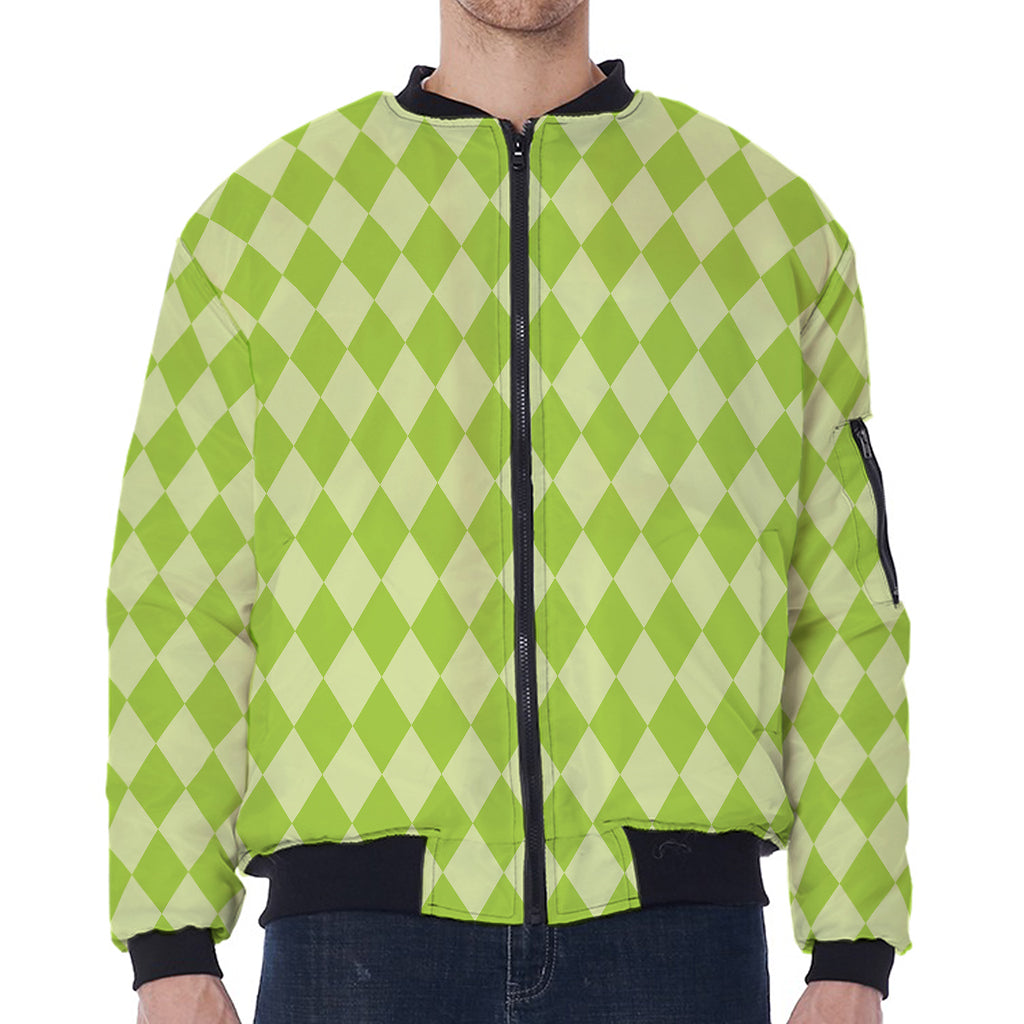 Green Harlequin Pattern Print Zip Sleeve Bomber Jacket