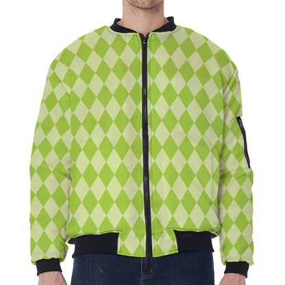 Green Harlequin Pattern Print Zip Sleeve Bomber Jacket