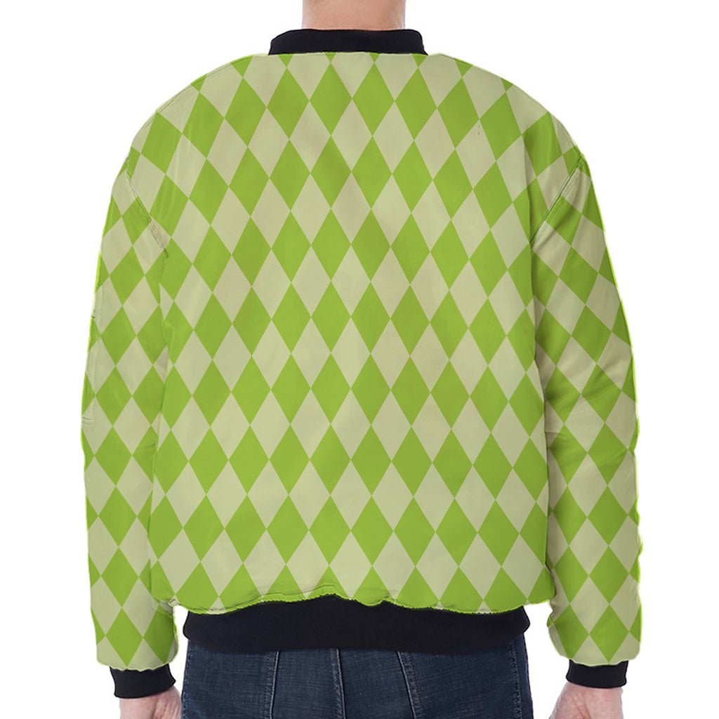 Green Harlequin Pattern Print Zip Sleeve Bomber Jacket