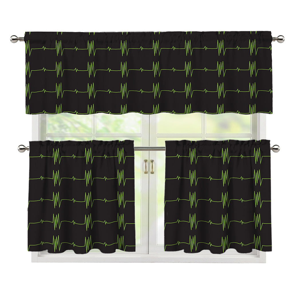 Green Heartbeat Pattern Print 3 Piece Kitchen Curtains