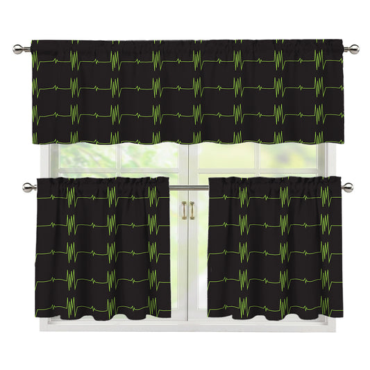 Green Heartbeat Pattern Print 3 Piece Kitchen Curtains