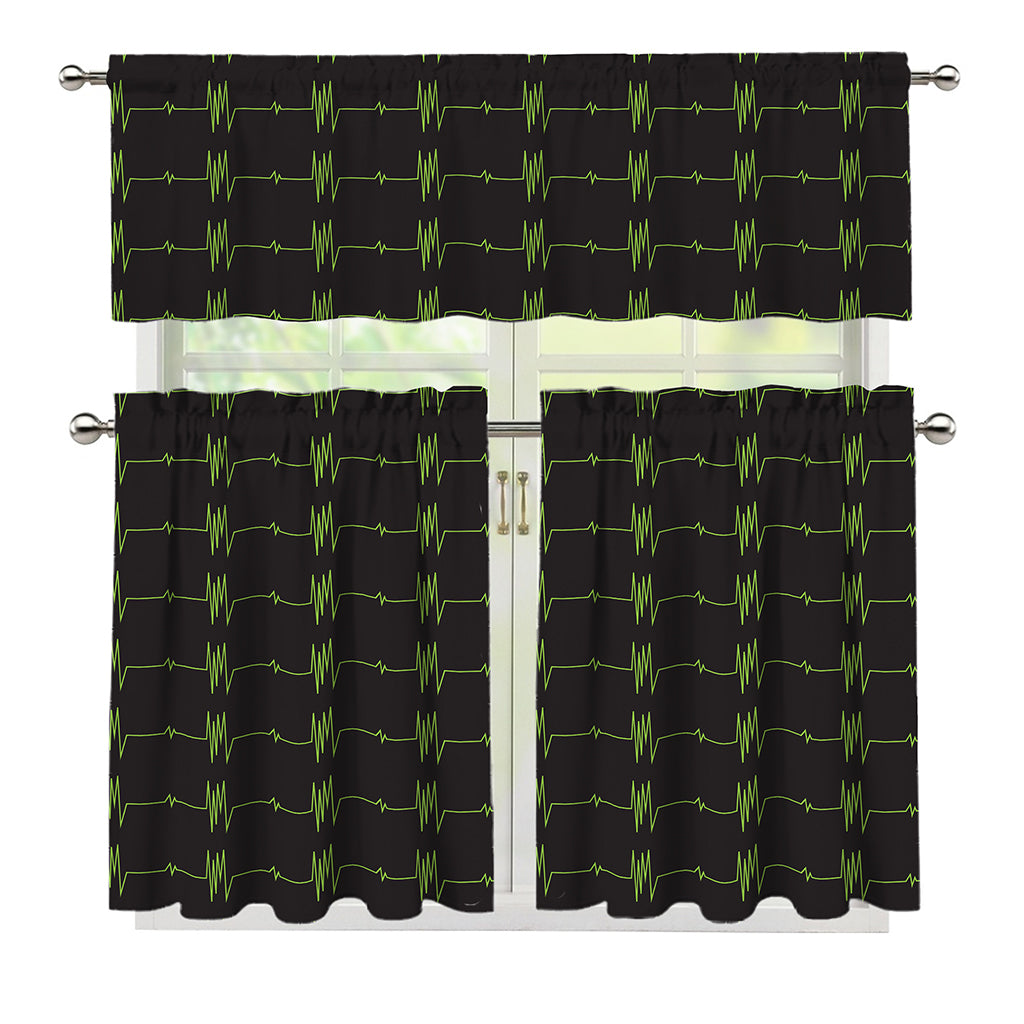 Green Heartbeat Pattern Print 3 Piece Kitchen Curtains