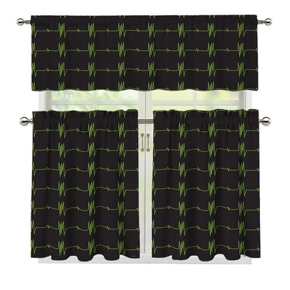 Green Heartbeat Pattern Print 3 Piece Kitchen Curtains