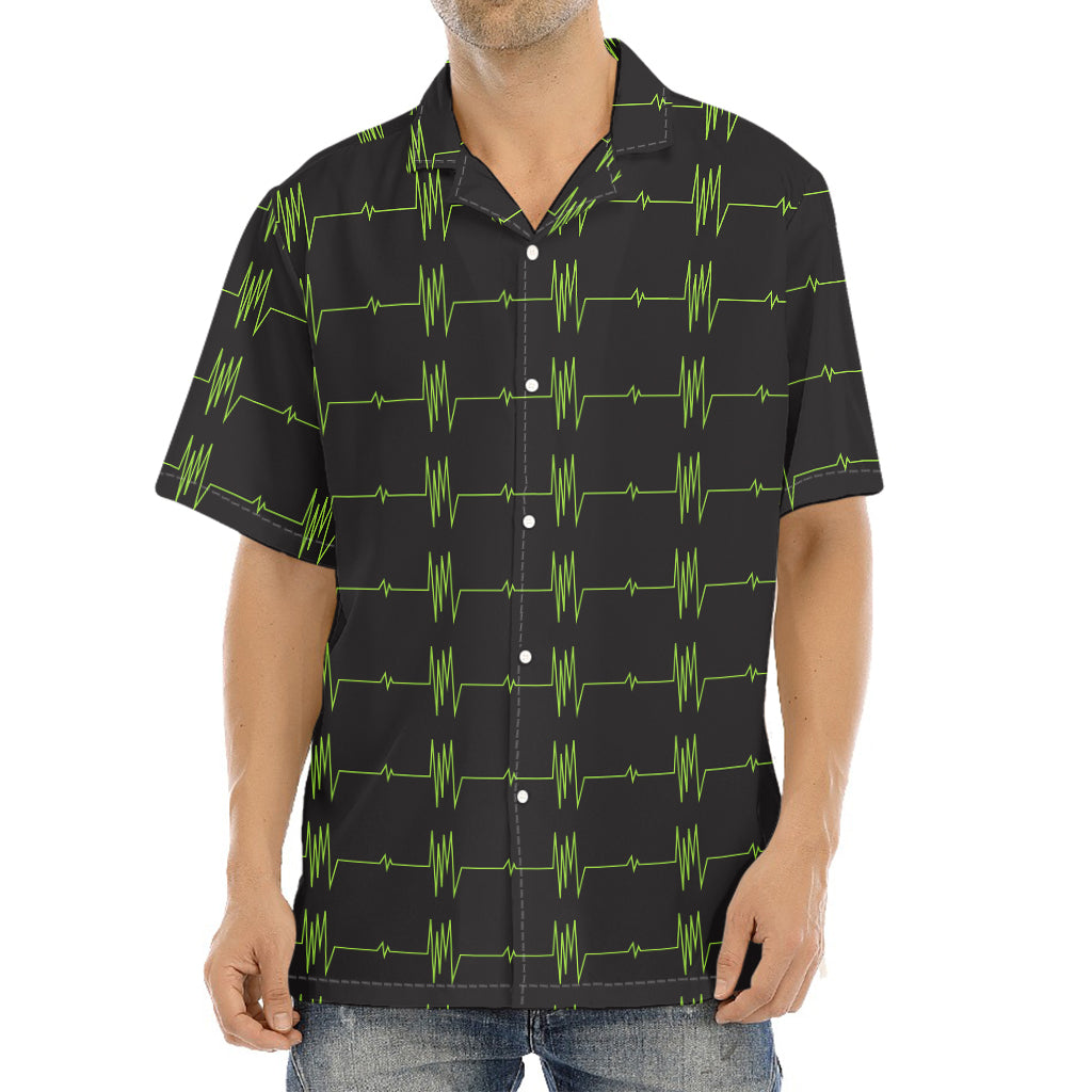 Green Heartbeat Pattern Print Aloha Shirt