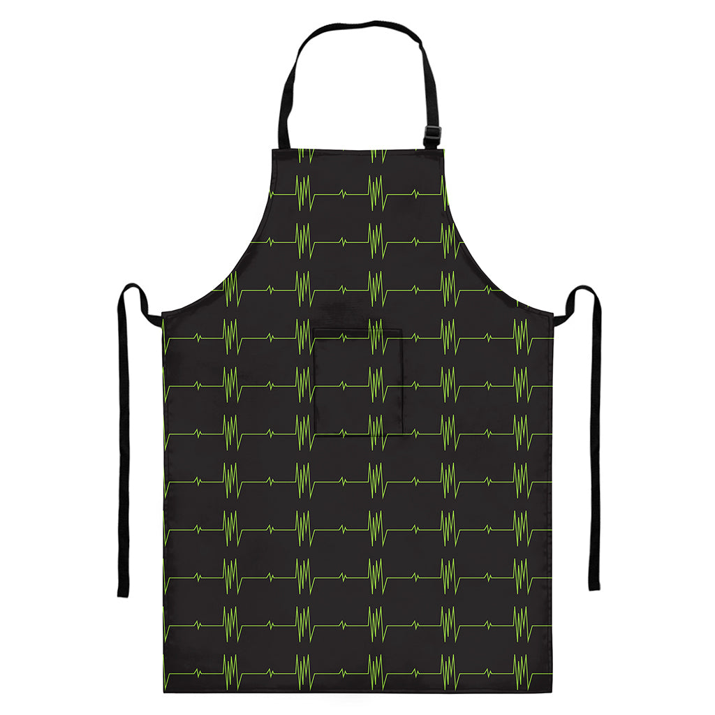 Green Heartbeat Pattern Print Bib Apron With Pocket