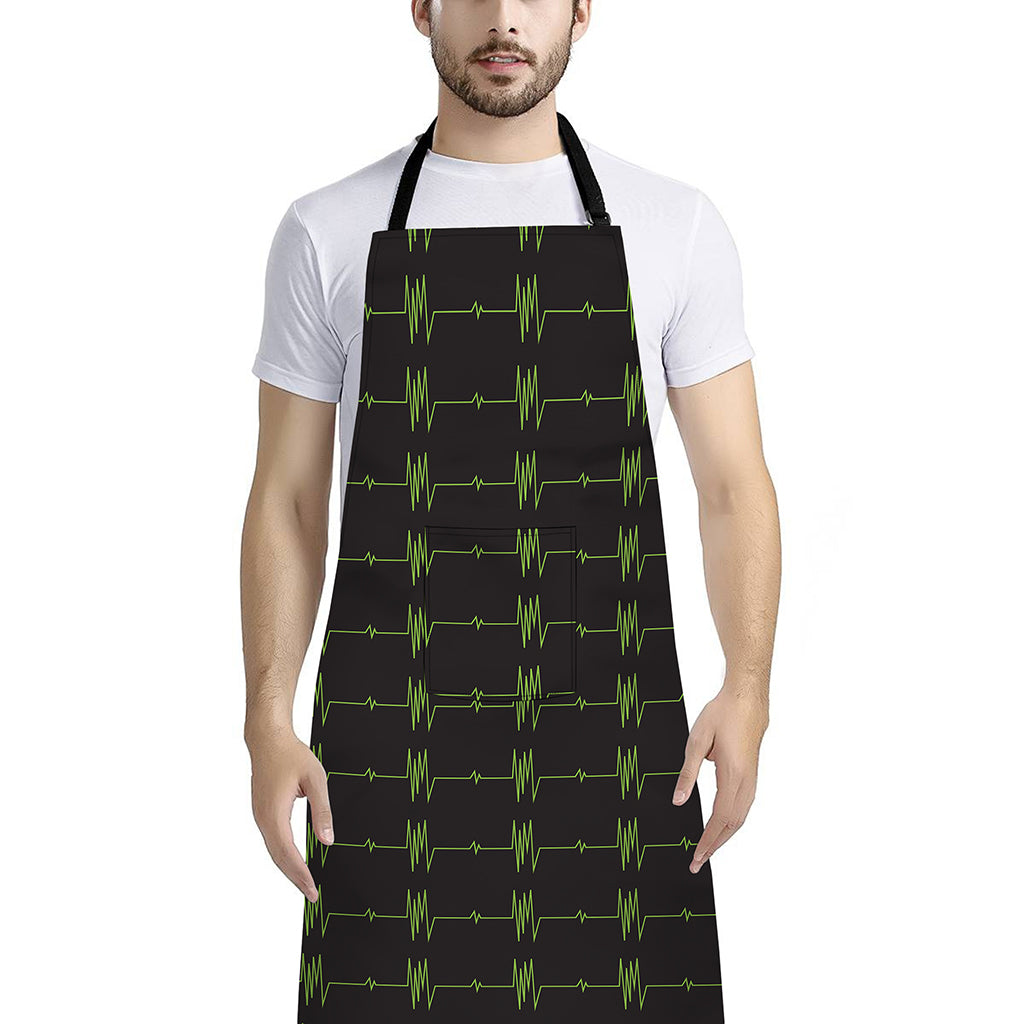 Green Heartbeat Pattern Print Bib Apron With Pocket