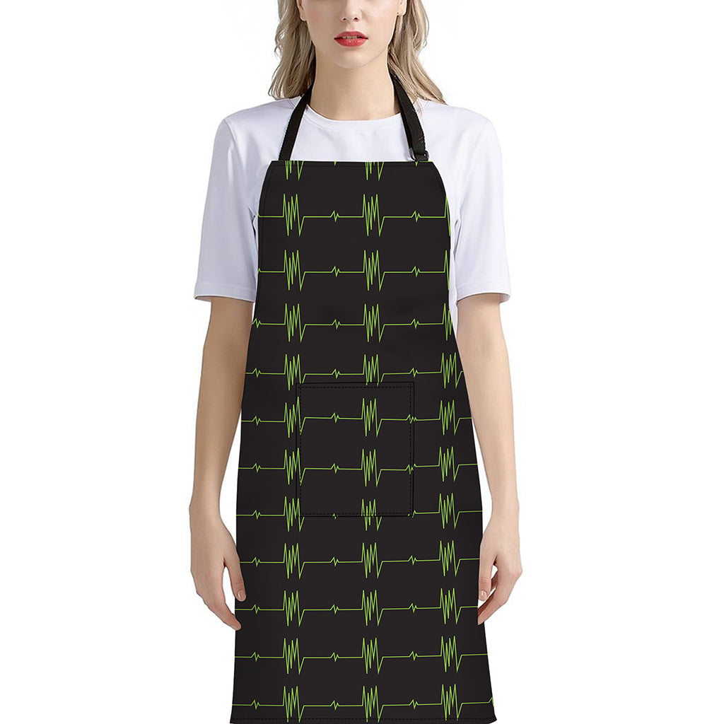 Green Heartbeat Pattern Print Bib Apron With Pocket