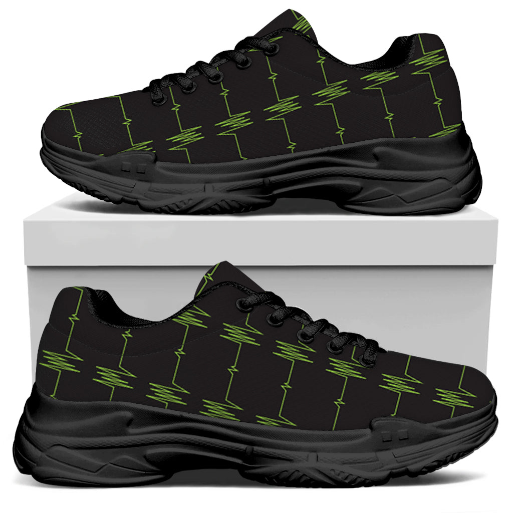 Green Heartbeat Pattern Print Black Chunky Shoes