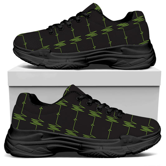 Green Heartbeat Pattern Print Black Chunky Shoes