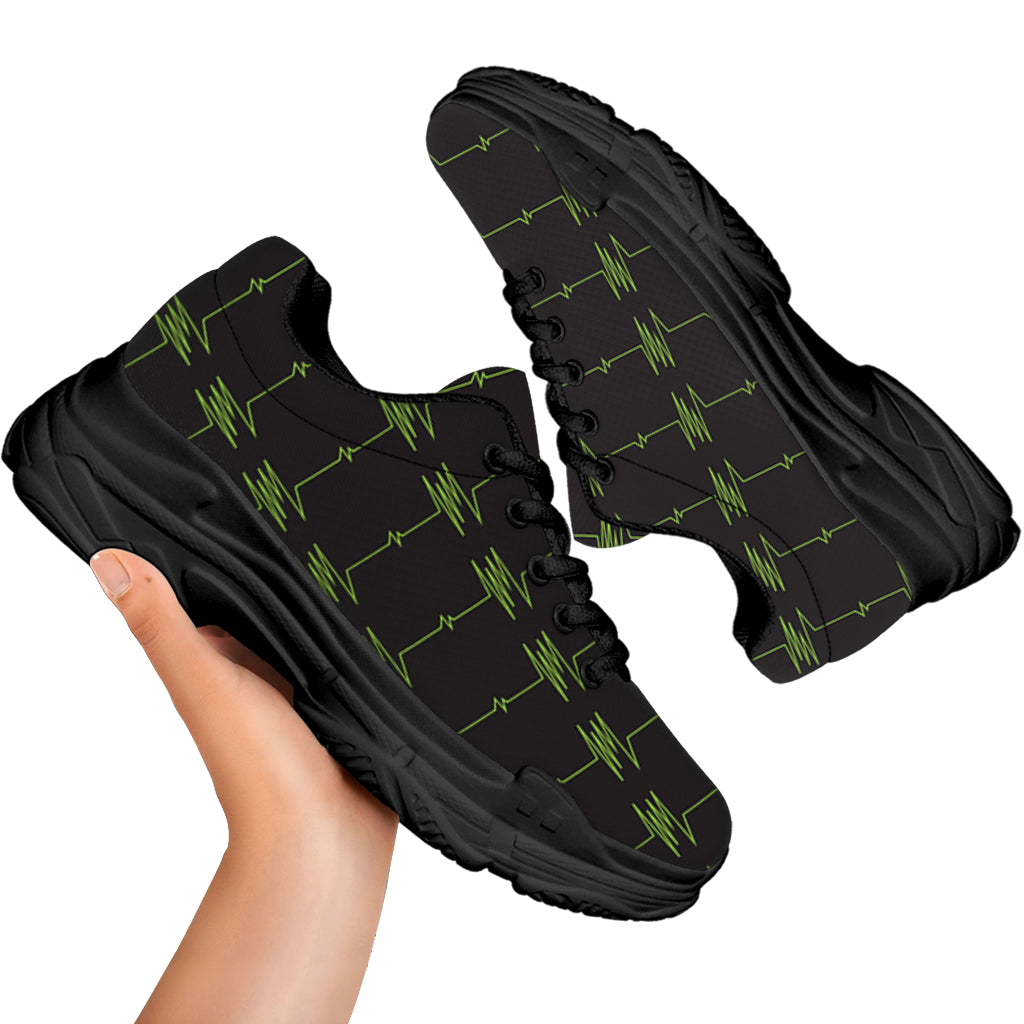 Green Heartbeat Pattern Print Black Chunky Shoes
