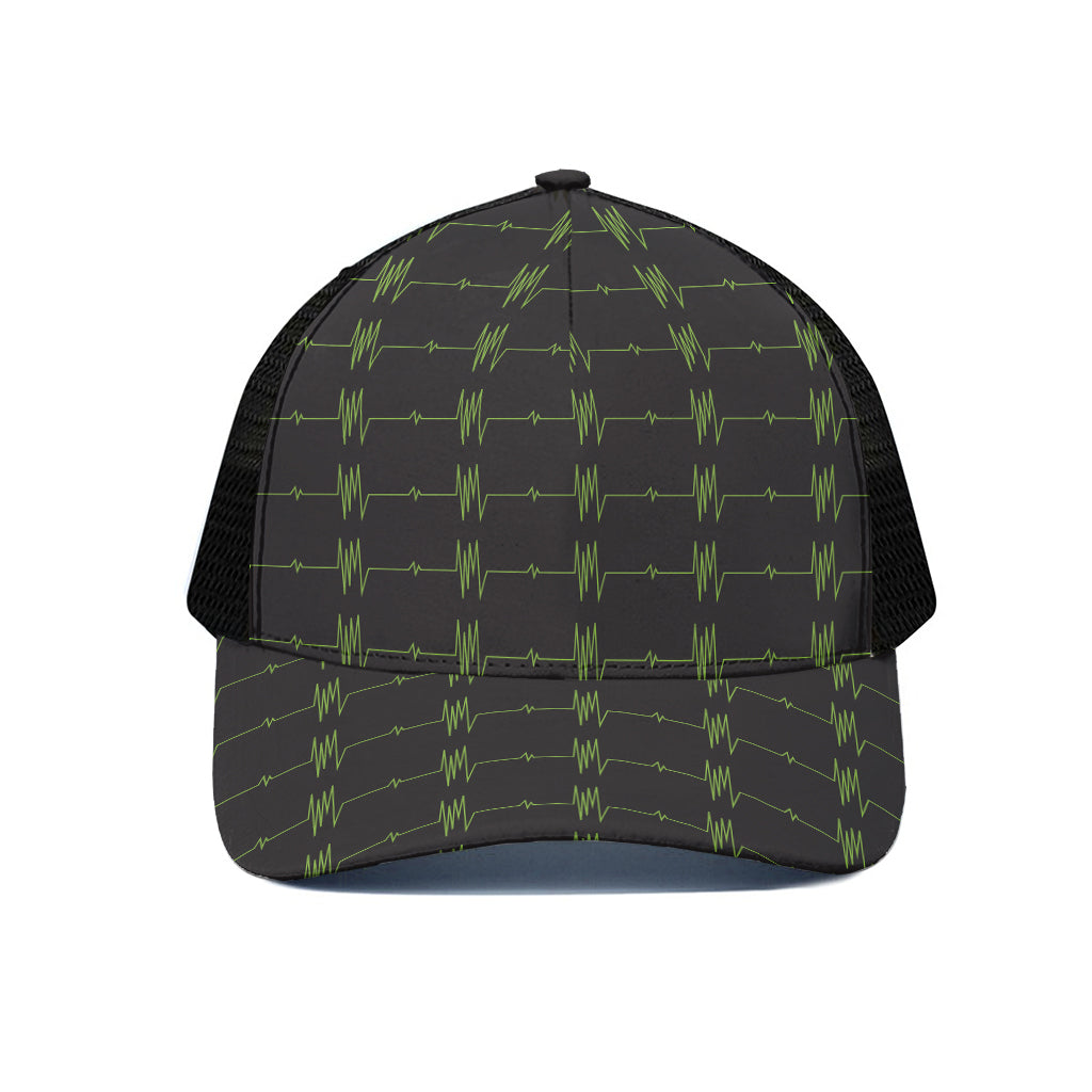 Green Heartbeat Pattern Print Black Mesh Trucker Cap