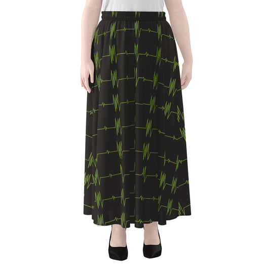 Green Heartbeat Pattern Print Chiffon Maxi Skirt
