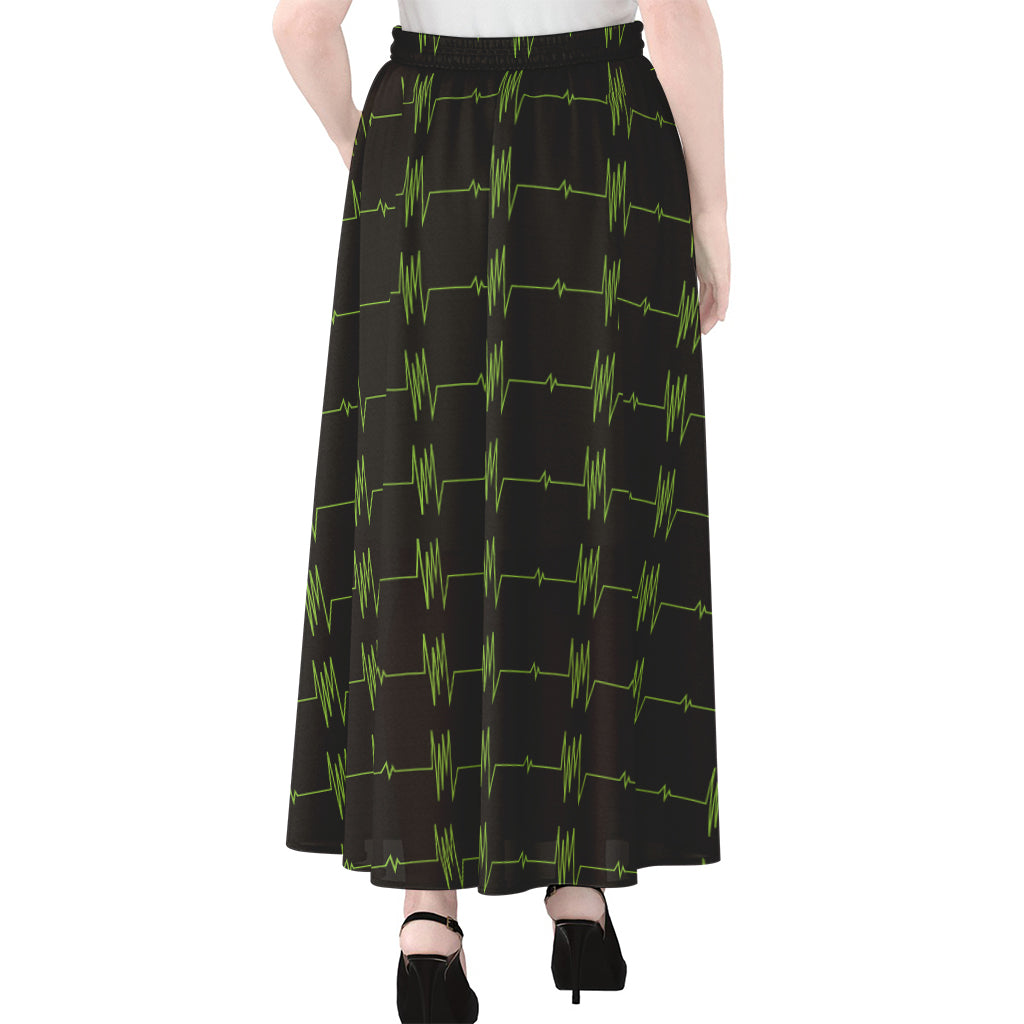 Green Heartbeat Pattern Print Chiffon Maxi Skirt