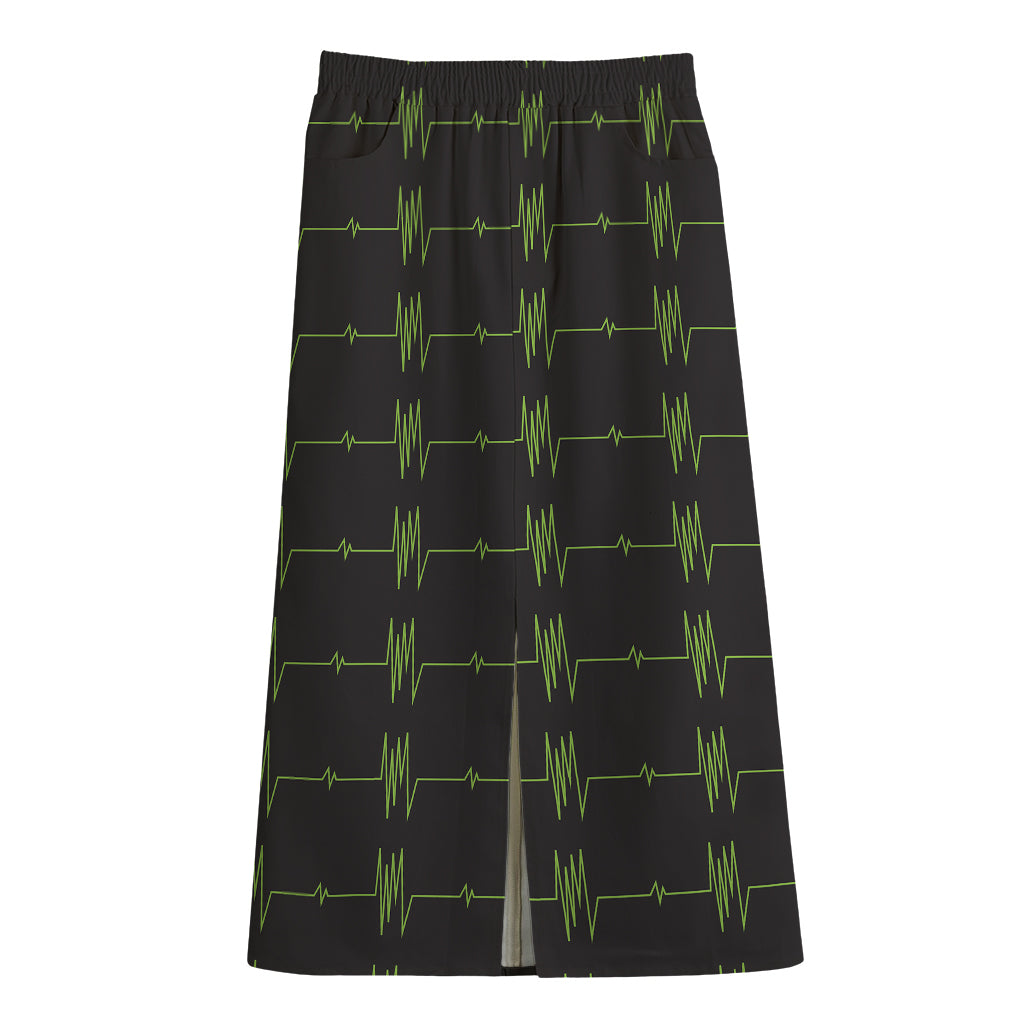 Green Heartbeat Pattern Print Cotton Front Slit Maxi Skirt