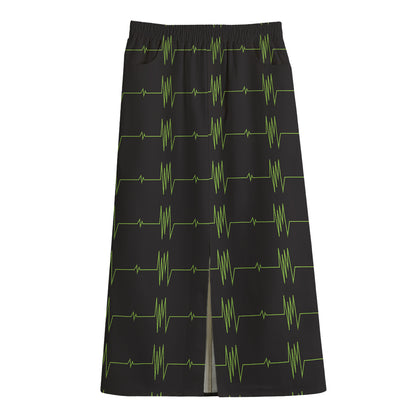 Green Heartbeat Pattern Print Cotton Front Slit Maxi Skirt
