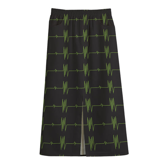 Green Heartbeat Pattern Print Cotton Front Slit Maxi Skirt