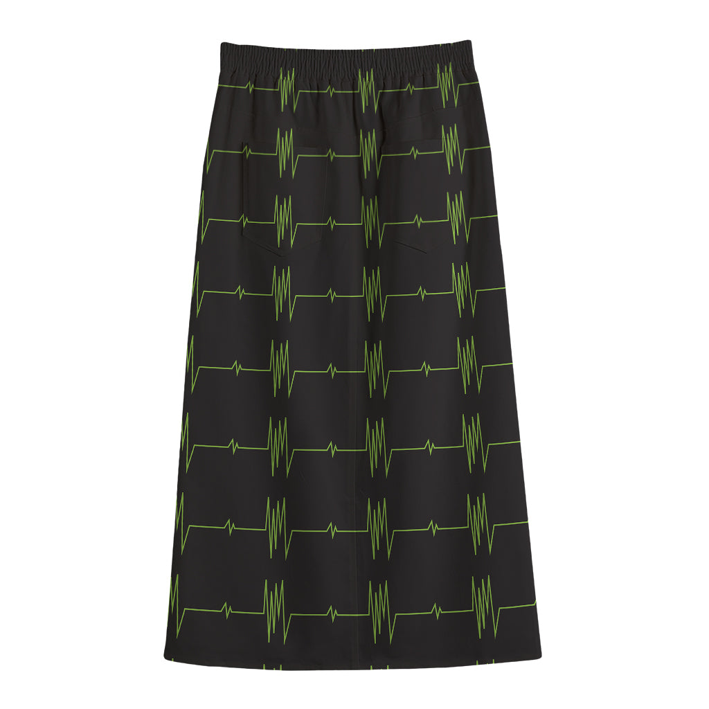 Green Heartbeat Pattern Print Cotton Front Slit Maxi Skirt