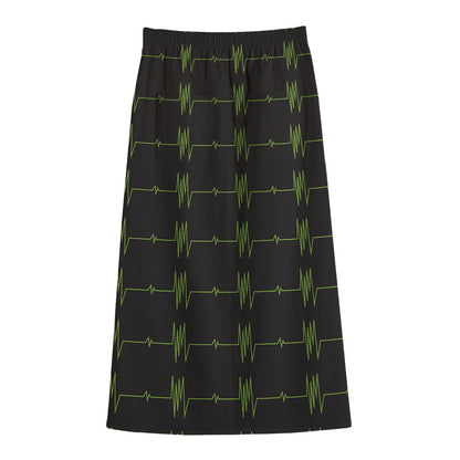 Green Heartbeat Pattern Print Cotton Front Slit Maxi Skirt