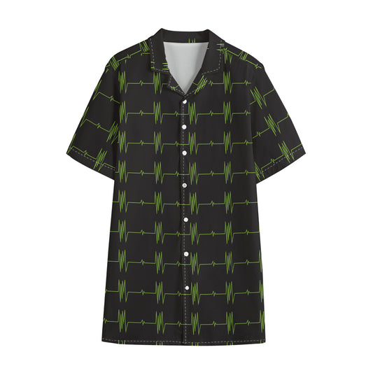 Green Heartbeat Pattern Print Cotton Hawaiian Shirt