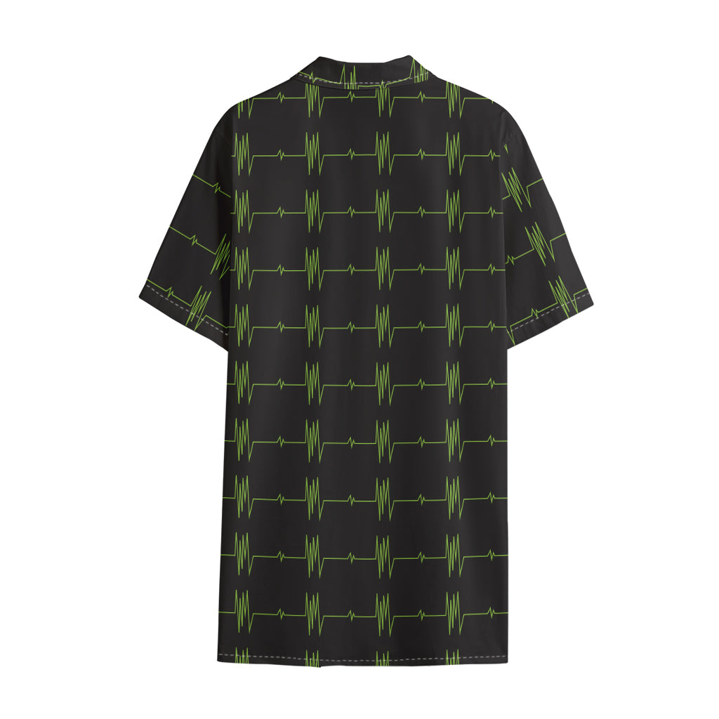 Green Heartbeat Pattern Print Cotton Hawaiian Shirt
