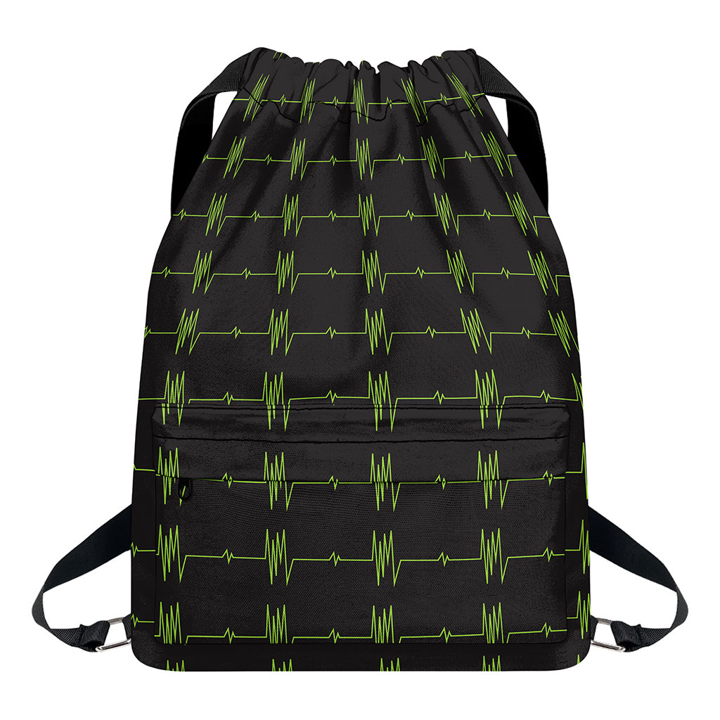 Green Heartbeat Pattern Print Drawstring Backpack