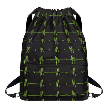 Green Heartbeat Pattern Print Drawstring Backpack