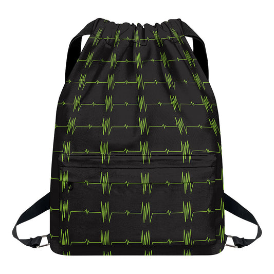 Green Heartbeat Pattern Print Drawstring Backpack