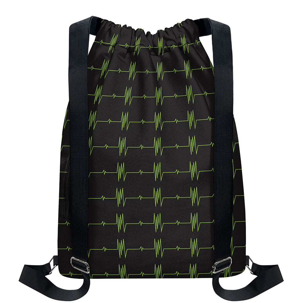 Green Heartbeat Pattern Print Drawstring Backpack
