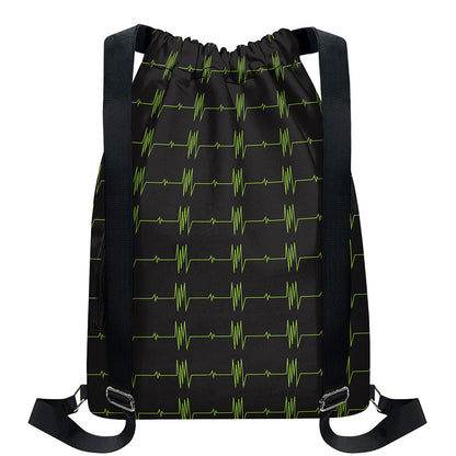 Green Heartbeat Pattern Print Drawstring Backpack