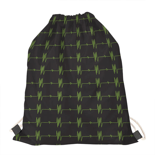 Green Heartbeat Pattern Print Drawstring Bag