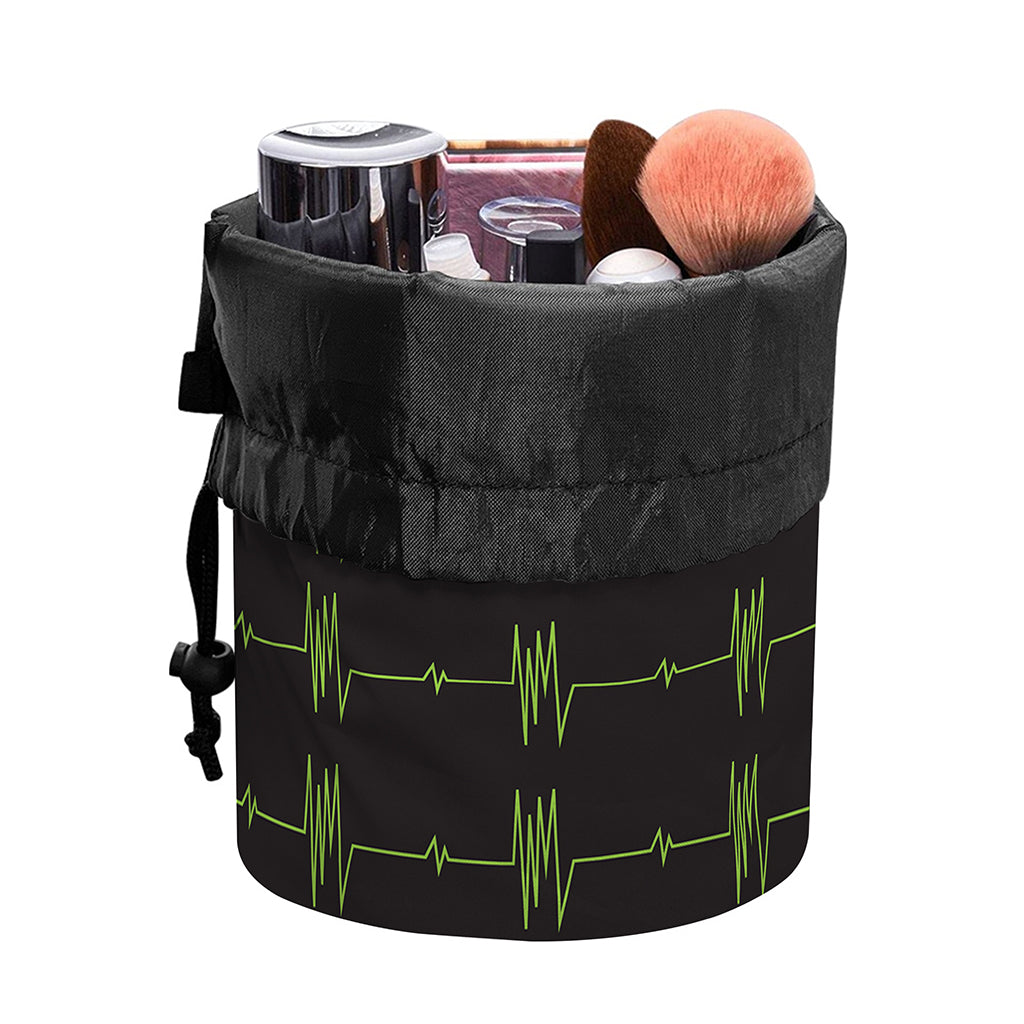 Green Heartbeat Pattern Print Drawstring Makeup Bag