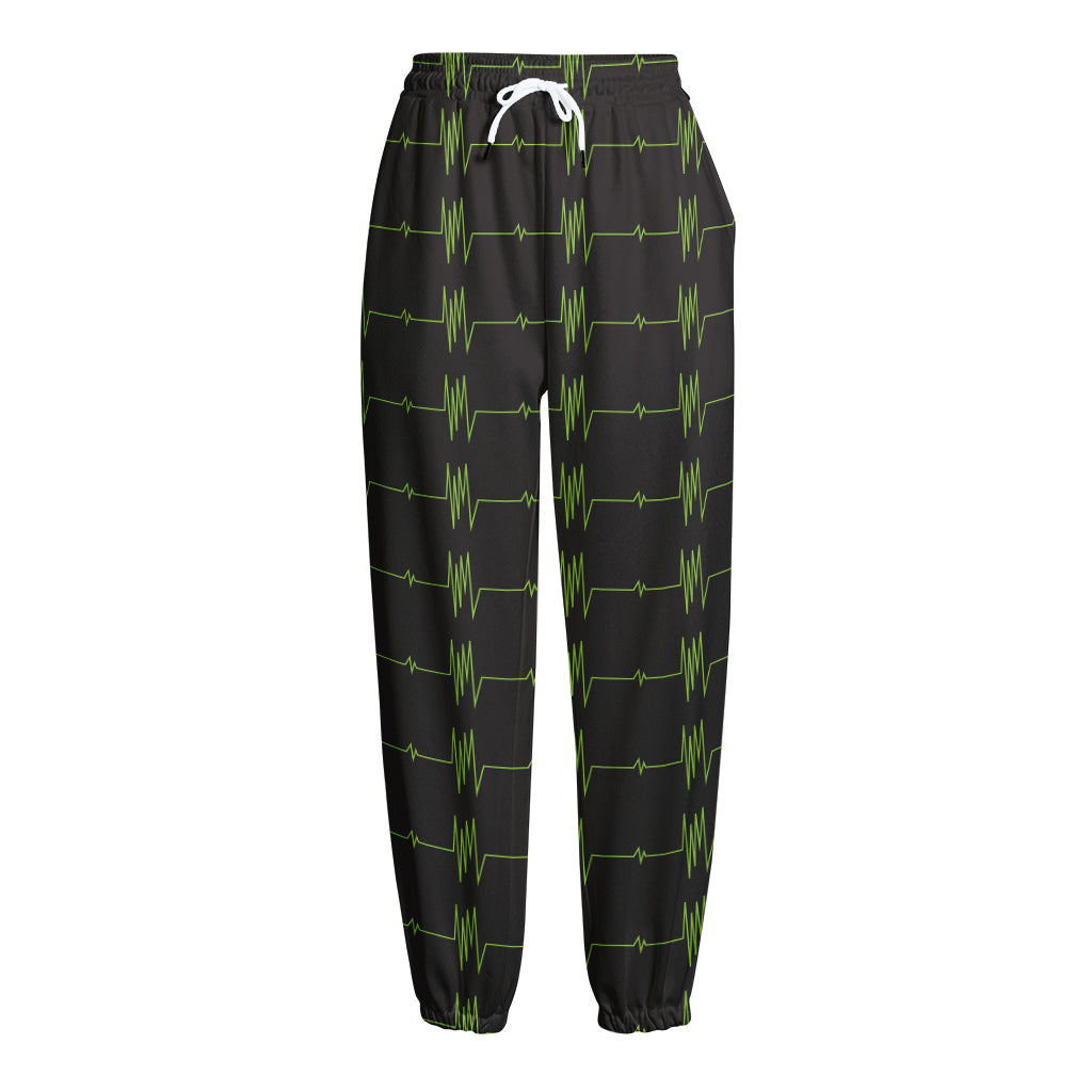 Green Heartbeat Pattern Print Fleece Lined Knit Pants