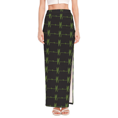Green Heartbeat Pattern Print High Slit Maxi Skirt