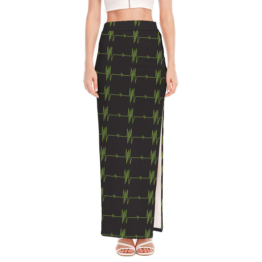 Green Heartbeat Pattern Print High Slit Maxi Skirt