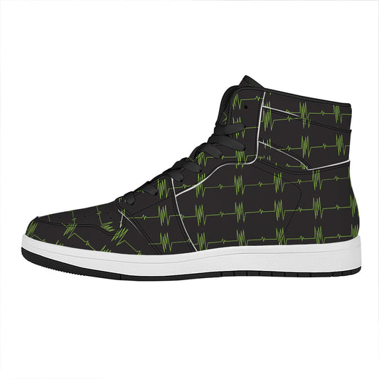 Green Heartbeat Pattern Print High Top Leather Sneakers